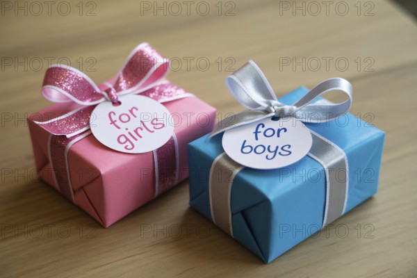 Two small gender color-coded gift boxes labeled for boys and girls. Concept for gender stereotypes in children's gifts. Generative AI, AI generated