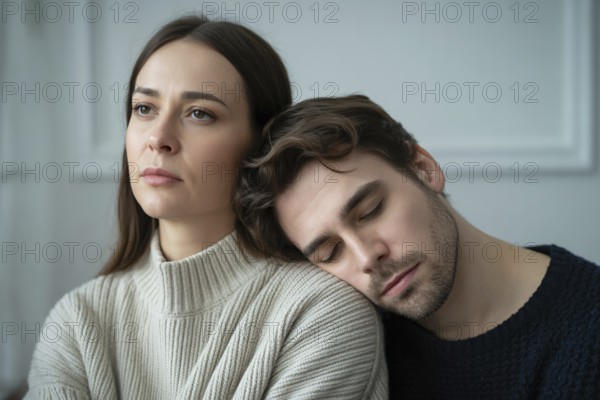 Man resting head on woman's shoulder while she stares ahead. Concept of mankeeping and the emotional labor women shoulder in relationships. Generative Ai, AI generated