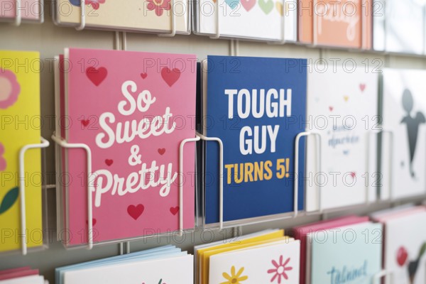 Pink and blue children's greeting cards on a rack. Gender stereotypes and societal expectations taught from a young age through color-coded messages. Generative ai, AI generated