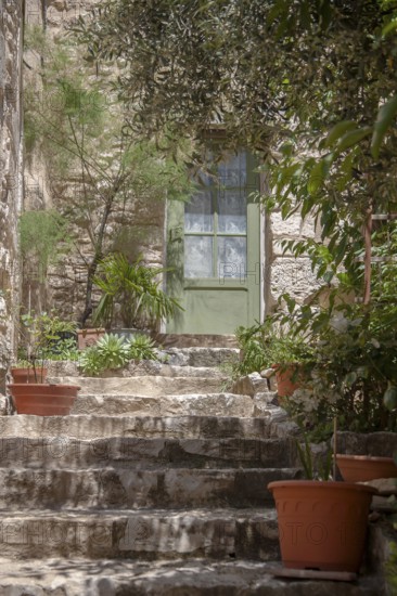 A rustic stone staircase with clay pots and green plants leads to a green door in a Mediterranean atmosphere, Provence, France