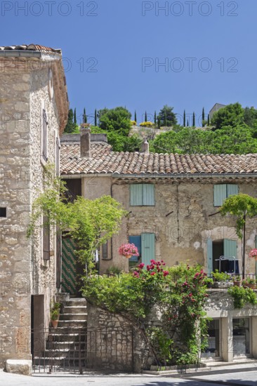 A rustic house with a terrace decorated with flowers, shutters and green hills in the background, Aurel, Département Vaucluse, Region Provence-Alpes-Côte d'Azur, South of France, France