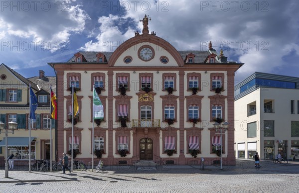 Town hall with golden coat of arms and lion figure, built in 1780, Hauptstrasse, Offenburg, Baden-Württemberg, Germany