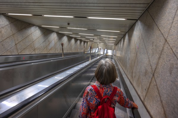 Escalators in the Munich underground, Munich, Bavaria, Germany
