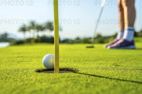 White golf ball about to enter hole on bright green putting green with golfer putting in background
