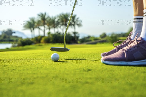Golfer is putting a golf ball on a green towards the hole on a sunny day with a lake and palm trees in the background