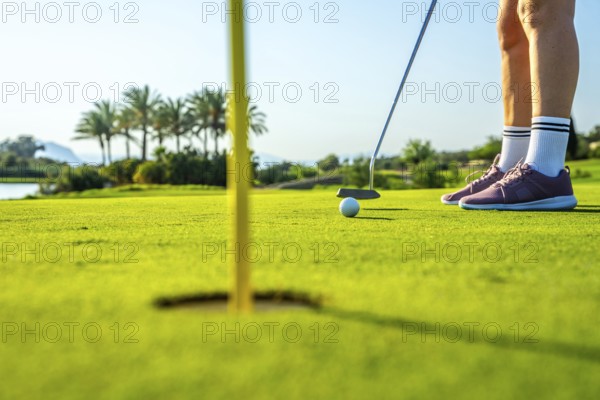 Golfer putting ball on green towards hole on sunny day, low angle view focusing on the action and the precision of the sport