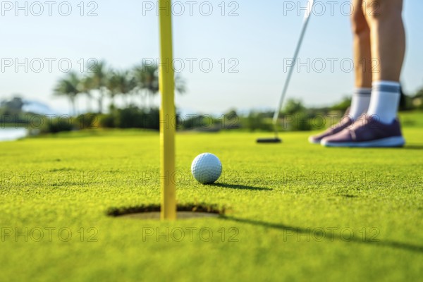 Golfer focusing on a crucial putt on a lush green course, with a ball near the hole. Palm trees and a serene landscape create a tranquil backdrop