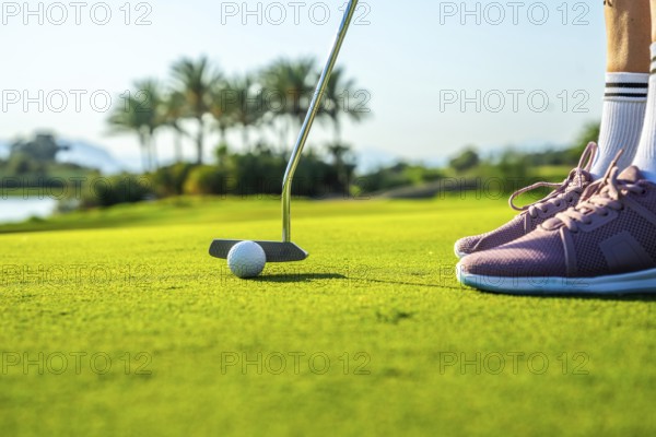 Golfer putting ball on a green using a putter, in a sunny golf course with palm trees and a lake in the background