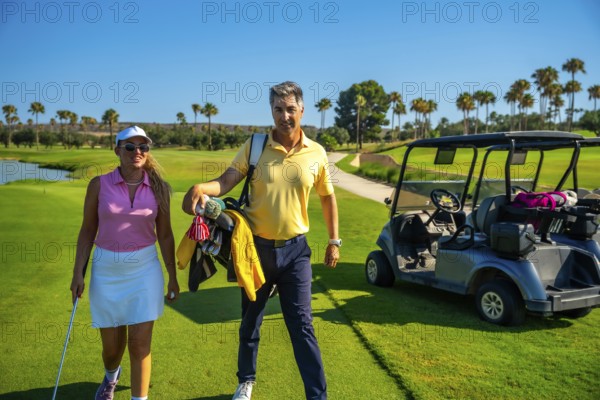 Golfers walking along a stunning golf course, enjoying the sunny day, with a golf cart parked nearby, embodying leisure and active lifestyle