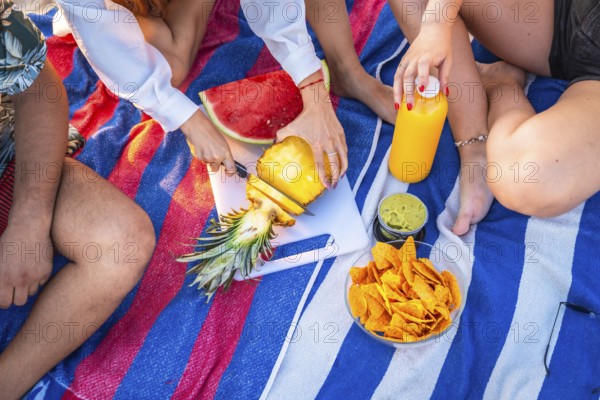 Friends are having a picnic on a striped towel, cutting pineapple, with watermelon, nachos, guacamole, and juice nearby