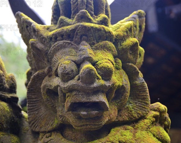Close up of a weathered traditional balinese stone statue covered in moss, showcasing the rich cultural heritage of bali