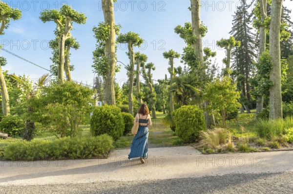 Young woman enjoying a sunny day walking in a park with pruned plane trees and lush vegetation in salies de bearn, france, during summer vacation