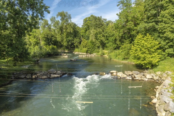 Whitewater course flowing through green lush vegetation in sauveterre de bearn, france, providing exciting water sport opportunities