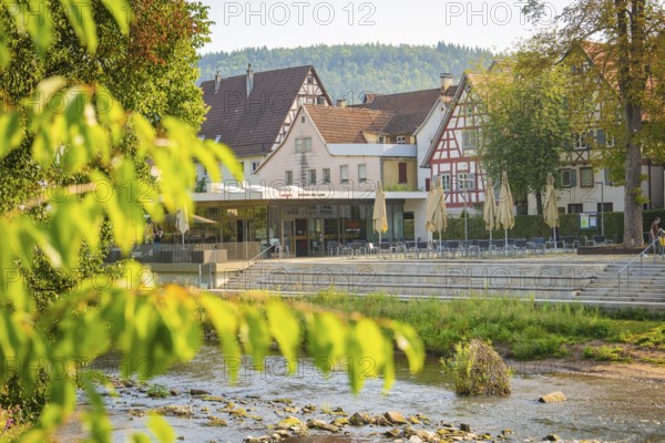 Idyllic view of half-timbered houses by a river, surrounded by green trees on a summer's day, Nagold, district of Calw, Black Forest, Germany