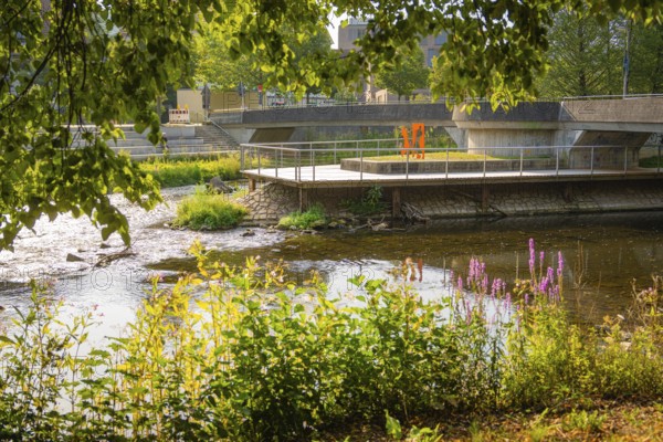 Urban river landscape with a bridge and industrial features, embedded in greenery, Nagold, district of Calw, Black Forest, Germany