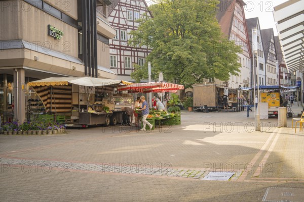 Town square with market stalls and traditional half-timbered houses, lively in daylight, Nagold, district of Calw, Black Forest, Germany