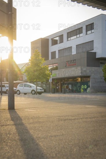 Building at sunset with modern architecture and urban ambience, Nagold, district of Calw, Black Forest, Germany