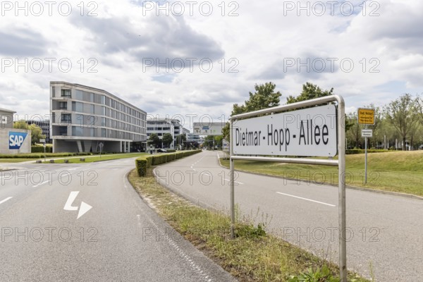Dietmar-Hopp-Allee. Logo and building of the listed software company SAP SE. Walldorf, Baden-Württemberg, Germany