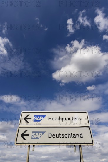 SAP Headquarters and SAP Germany. Traffic sign in Walldorf near the headquarters of the SAP software company. Walldorf Baden-Württemberg, Germany