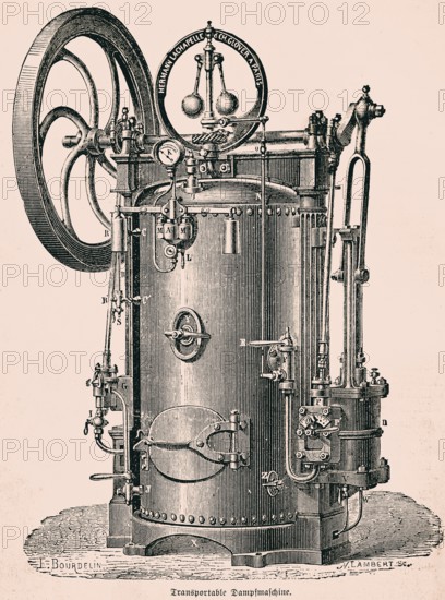 Transportable steam engine, upright tubular boiler, piston rod turns the belt wheel, horizontal use in steam locomotives, cylinder, development, technology, inventions in the 19th century, industry, historical illustration 1872, Germany