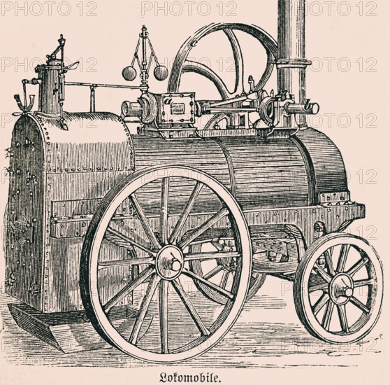 Steam locomotive with horizontal transportable steam engine, vehicle, piston rod turns the belt wheel, technology, industry, inventions in the 19th century, historical illustration 1872, Germany