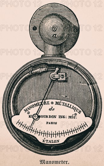 Bourdon manometer for pressure measurement, instrument maker Eugène Bourdon, scale, technology, device, metal material, development, use in locomotives, manufacture in Paris, industry, inventions in the 19th century, historical illustration 1872, Germany