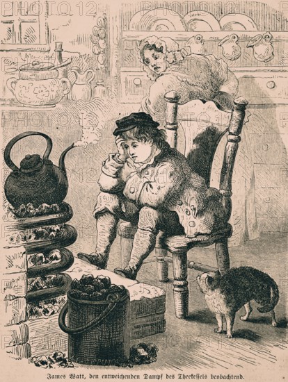 The young James Watt observes the escaping steam from a tea kettle, domestic hearth, boy, kitchen, mother with horror, cat, Scottish inventor, technology, thinking, recognising, consideration, curiosity, industry, inventions in the 18th century, historical illustration 1872, Germany