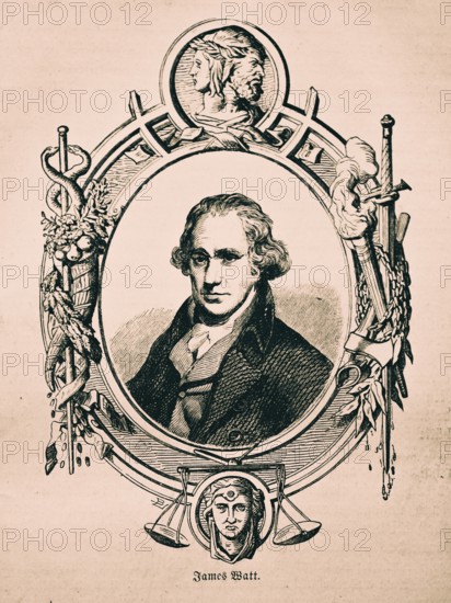 James Watt, Scottish inventor, patented improvement of the steam engine, type of condensation, Watt's parallelogram, technology, industry, inventions in the 19th century, portrait in oval, serious look, ornamentation, historical illustration 1872, Germany