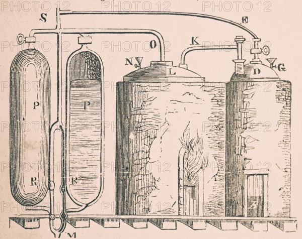 Thomas Savery's steam engine, English engineer and inventor, patented technology, connected boilers, fire in steam boiler, heat, inventions in the 17th century, construction, industry, historical illustration 1872, Germany