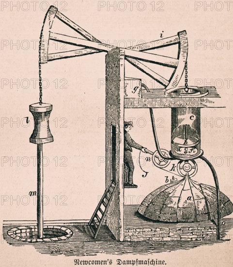 Steam engine by Newcomen, English locksmith and inventor, inventions in industrialisation, steam cylinder (c), road beam (i), pipes, pump, 18th century, technology, construction, industry, historical illustration 1872, Germany