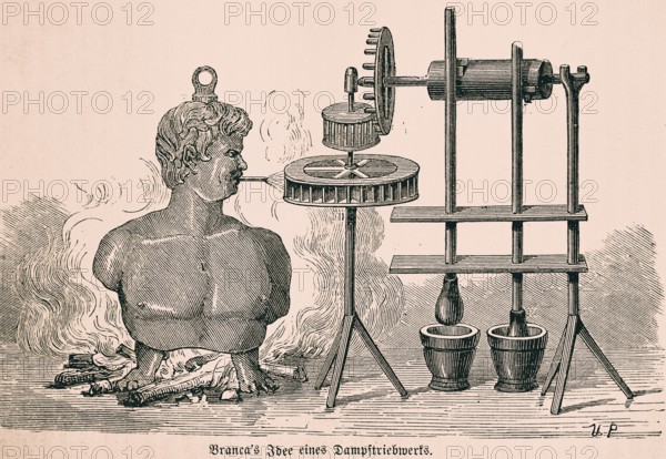 Giovanni Branca's idea of a steam engine, Italian engineer, design of a turbine, fire, generating steam, drive, cogwheel, cylinder, apparatus, experiment, idea, technology, construction, industry, inventions in the 17th century, historical illustration 1872, Germany