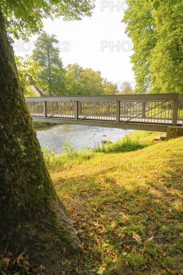 Metal bridge over a river in a sunny park with green trees, Nagold, district of Calw, Black Forest, Germany