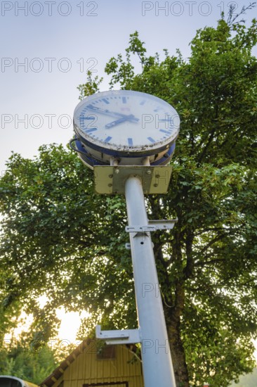 An old railway station clock on a mast, surrounded by a green tree and a clear sky, Nagold, district of Calw, Black Forest, Germany