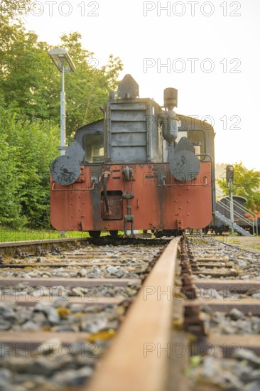 Close-up of an old steam locomotive on railway tracks surrounded by green nature, Nagold, district of Calw, Black Forest, Germany
