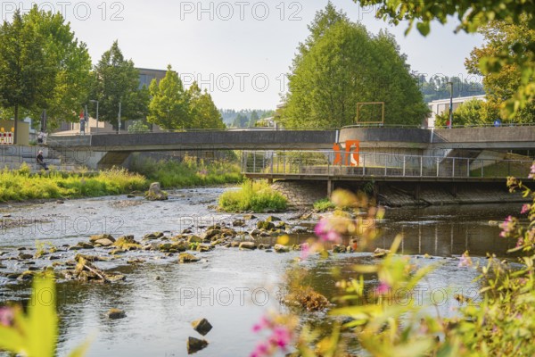 River landscape with bridge and lush vegetation, captured on a sunny summer day, Nagold, district of Calw, Black Forest, Germany