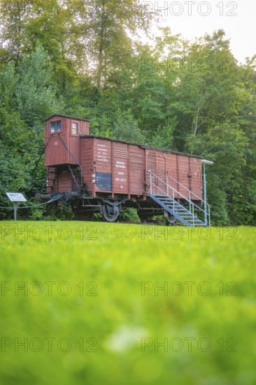 Historic goods wagon in a green setting with summer trees, Nagold, district of Calw, Black Forest, Germany