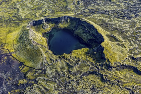 Crater, volcanic crater, crater lake, aerial view, sunny, summer, Laki crater, Lakagigar, Vatnajökull National Park, Iceland