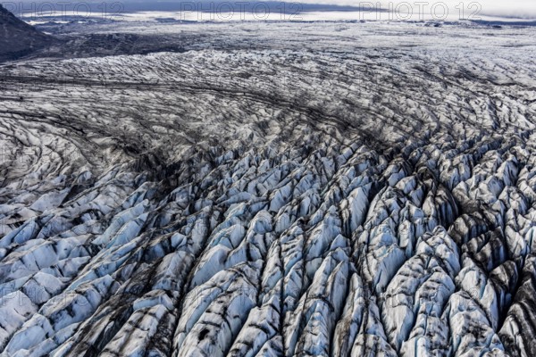 Glacier, crevasses, ice, aerial view, black ice, climate change, summer, Skeidararjökull, Skaftafell, Vatnajökull National Park, Iceland