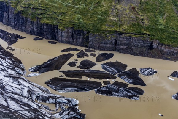 Icebergs, ice floes, glacier tongue, glacier edge, glacier, glacier lagoon, aerial view, black ice, climate change, summer, Skeidararjökull, Skaftafell, Vatnajökull National Park, Iceland