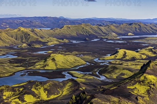 Lakes, river, mountains, mountain landscape, aerial view, sunny, summer, Langisjör, Icelandic Highlands, Iceland