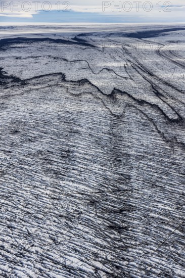 Glacier, crevasses, ice, aerial view, black ice, climate change, summer, Skeidararjökull, Skaftafell, Vatnajökull National Park, Iceland
