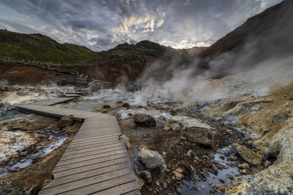 Hot springs, geothermal field, cloudy, evening mood, backlight, summer, Krysuvik, Reykjanes Peninsula, Iceland
