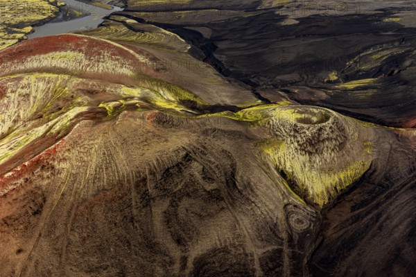 Crater, volcanic crater, aerial view, sunny, summer, Icelandic Highlands, Iceland