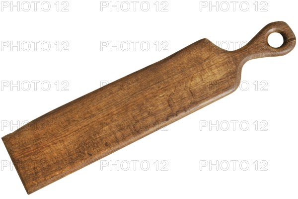 Long and narrow wooden chopping board is displayed on a neutral background. This essential kitchen tool is designed for efficient food preparation, showcasing a simple and rustic charm