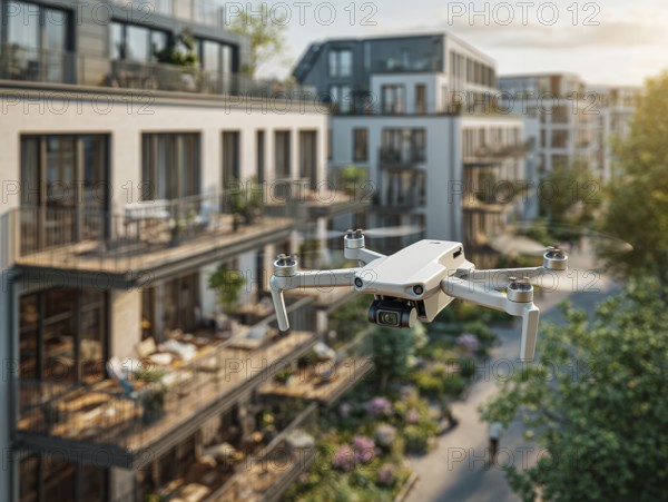 Ein Fernpilot steuert sein Quadrocopter, Drohne in einem dicht besiedeltem Wohngebiet und nähert sich sehr nahe an Wohngebäude, um illegale Videoaufnahmen oder Fotos zu erstellen, Symbolbild für unbefugtes Fotografieren von Personen, innerhalb eines geschützten Bereiches, Verletzung der Privatsphäre, Persönlichkeitsrechte, Missachtung von Flugverbotszonen, Datenschutz, AI generated
