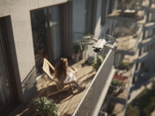 Ein Fernpilot steuert sein Quadrocopter, Drohne in einem dicht besiedeltem Wohngebiet und nähert sich sehr nahe an eine Person auf einem Balkon, um illegale Videoaufnahmen oder Fotos zu erstellen, Symbolbild für unbefugtes Fotografieren von Personen, innerhalb eines geschützten Bereiches, Verletzung der Privatsphäre, Persönlichkeitsrechte, Missachtung von Flugverbotszonen, Datenschutz, AI generiert, AI generated