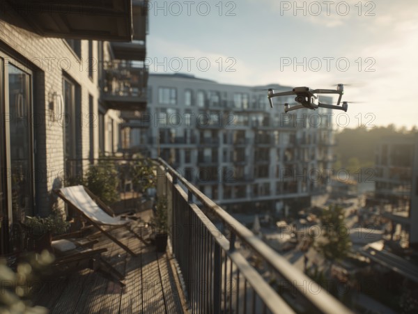 Ein Fernpilot steuert sein Quadrocopter, Drohne in einem dicht besiedeltem Wohngebiet und nähert sich sehr nahe an ein Wohngebäude, Balkon, um illegale Videoaufnahmen oder Fotos zu erstellen, Symbolbild für unbefugtes Fotografieren von Personen, innerhalb eines geschützten Bereiches, Verletzung der Privatsphäre, Persönlichkeitsrechte, Missachtung von Flugverbotszonen, Datenschutz, AI generated