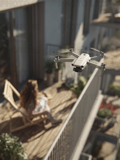 Ein Fernpilot steuert sein Quadrocopter, Drohne in einem dicht besiedeltem Wohngebiet und nähert sich sehr nahe an eine Person auf einem Balkon, um illegale Videoaufnahmen oder Fotos zu erstellen, Symbolbild für unbefugtes Fotografieren von Personen, innerhalb eines geschützten Bereiches, Verletzung der Privatsphäre, Persönlichkeitsrechte, Missachtung von Flugverbotszonen, Datenschutz, AI generiert, AI generated