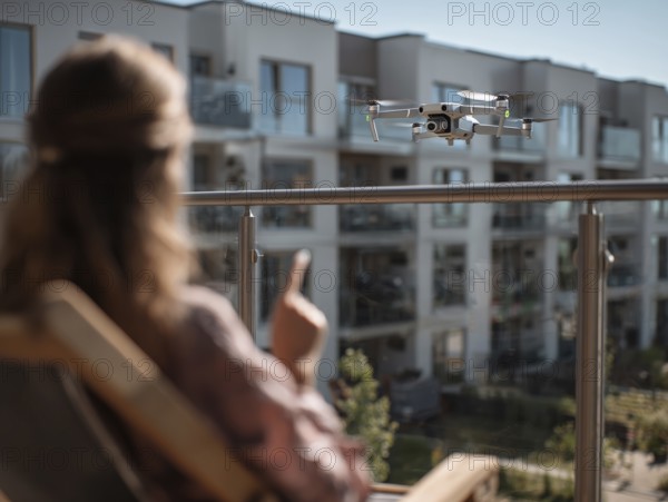 Ein Fernpilot steuert sein Quadrocopter, Drohne in einem dicht besiedeltem Wohngebiet und nähert sich sehr nahe an eine Person auf einer Terrasse um illegale Videoaufnahmen oder Fotos zu erstellen, Symbolbild für unbefugtes Fotografieren von Personen, innerhalb eines geschützten Bereiches, Verletzung der Privatsphäre, Persönlichkeitsrechte, Missachtung von Flugverbotszonen, Datenschutz, AI generiert, AI generated