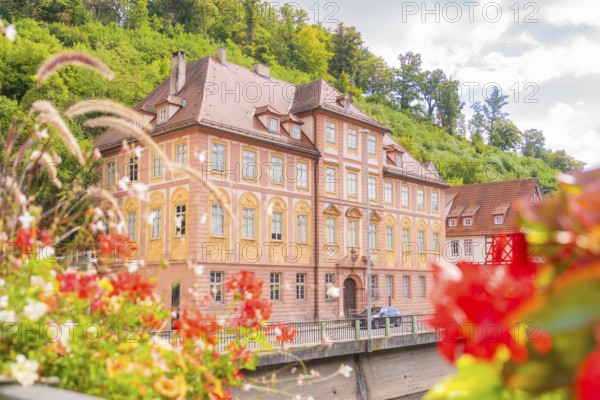 Beautiful historic building surrounded by red summer flowers under a blue sky, small town pearl Calw, Black Forest, Germany